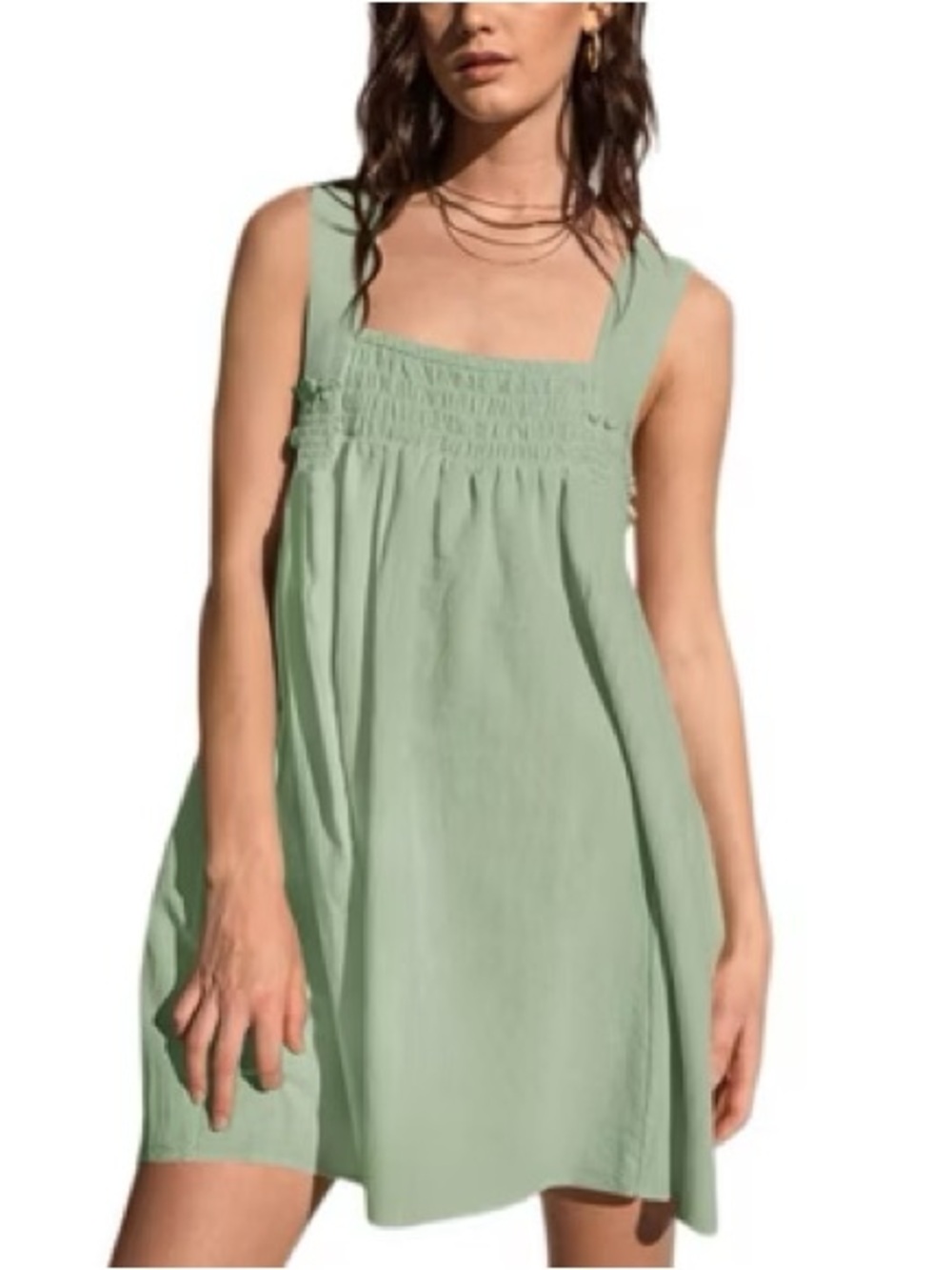 Smocked Square-Neck Mini Dress in Light Green